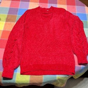 Red Knit Sweater with Neck Peephole & Accent on Arms